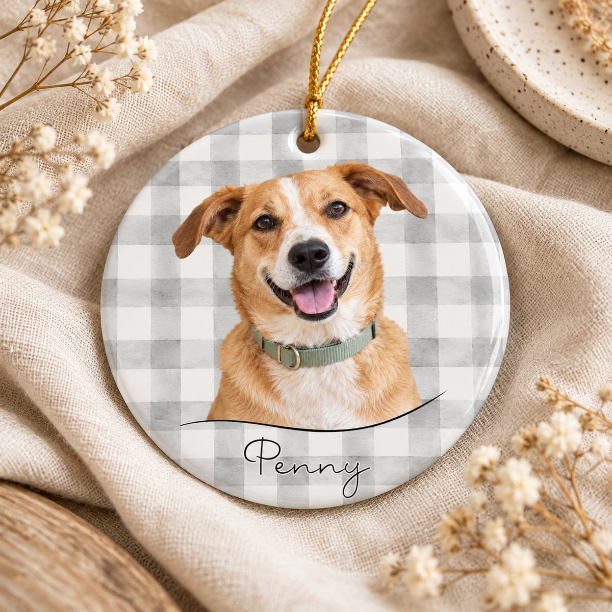 Custom Dog Cat Photo Gingham & Striped Pattern Ceramic Ornament LM32 670371