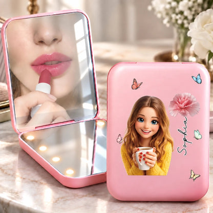 Custom Photo Name Birth Month Flower Gifts For Women And Girls - Personalized LED Compact Makeup Mirror