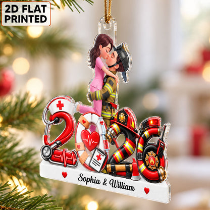 Hero Police Firefighter Nurse Couple - Personalized Acrylic Ornament - Christmas Gift For Him, For Her, Husband, Wife