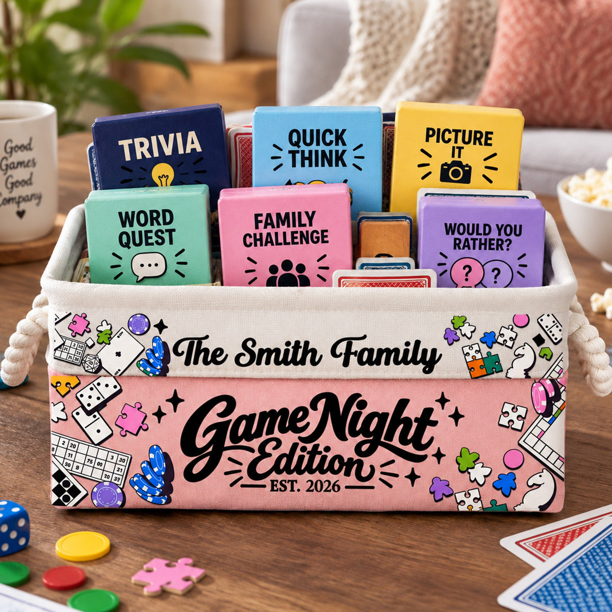 Game Night Deck Game Basket For Family, Grandparents - Personalized Storage Basket