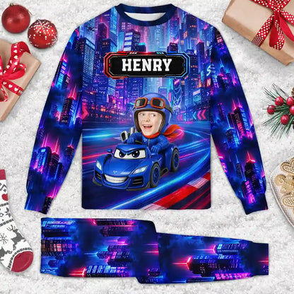 Gift For Kids Boys - Personalized Custom Photo Photo & Name Race Car Driver With Lightning Kid Pajamas Set