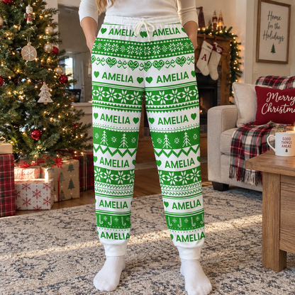 Xmas Gift, Custom Name, Fair Isle Knit Pattern - Personalized Lounge Pants