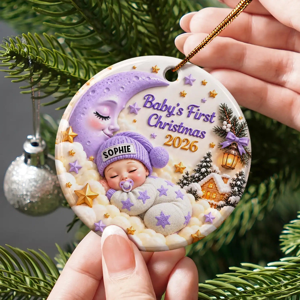 Baby's First Christmas - Personalized Sleeping Baby 3D Embossed Circle Ceramic Ornament