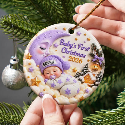 Baby's First Christmas - Personalized Sleeping Baby 3D Embossed Circle Ceramic Ornament