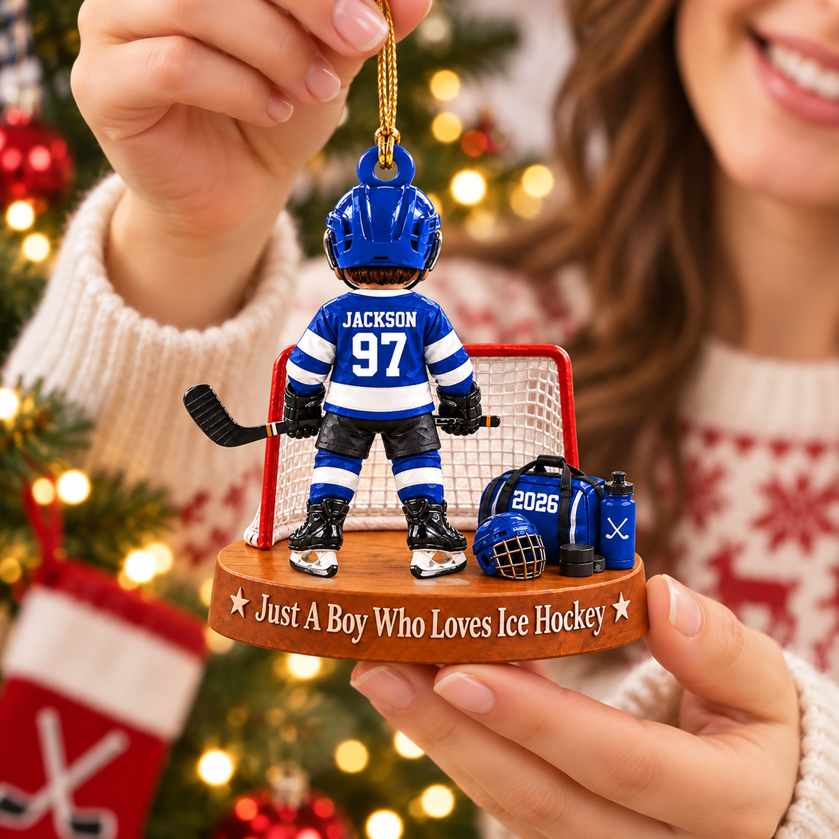 Custom Just A Boy Who Loves Ice Hockey Ornament, Christmas Tree Decoration, Hockey Gift L0411