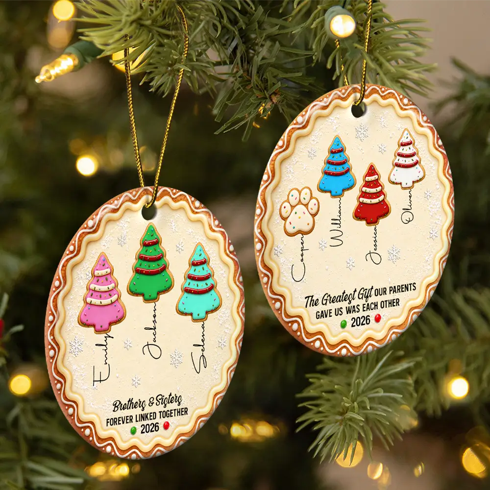 Christmas Gifts For Family - Personalized Family Forever Linked Together Gingerbread Style Circle Ceramic Ornament