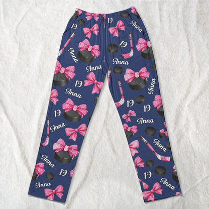 Coquette Bow Hockey Custom Name, Number Gift For Hockey Player, Hockey Team - Personalized Lounge Pants