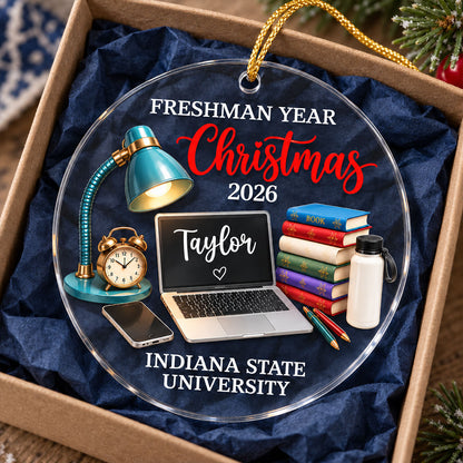 Freshman Year Christmas Study Desk – Personalized Acrylic Ornament – College Student Christmas Gift, First Year Keepsake