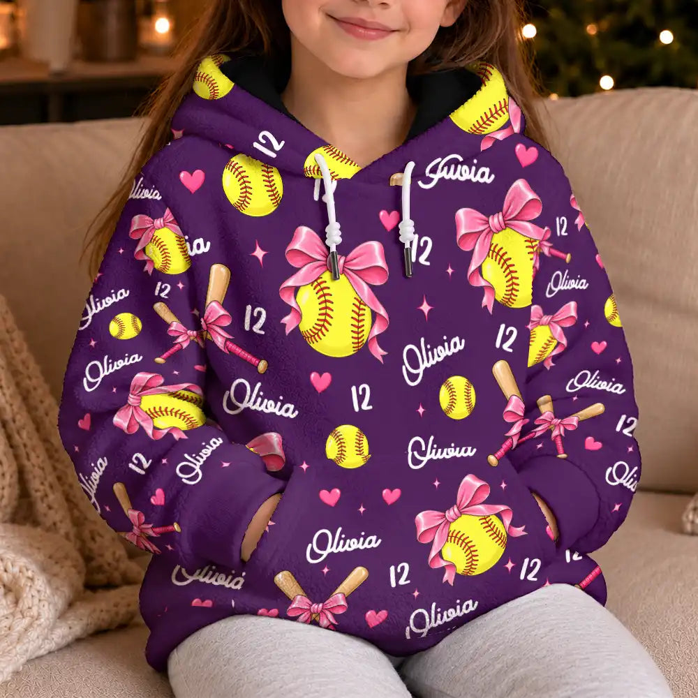 Gift For Softball Player - Personalized Name Number Coquette Bow Fleece Hoodie