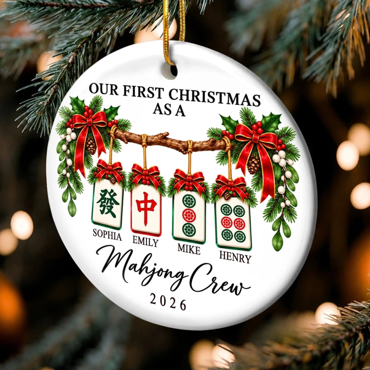 Custom Name First Christmas Mahjong Gifts For Game Night Groups - Personalized Ceramic Ornament