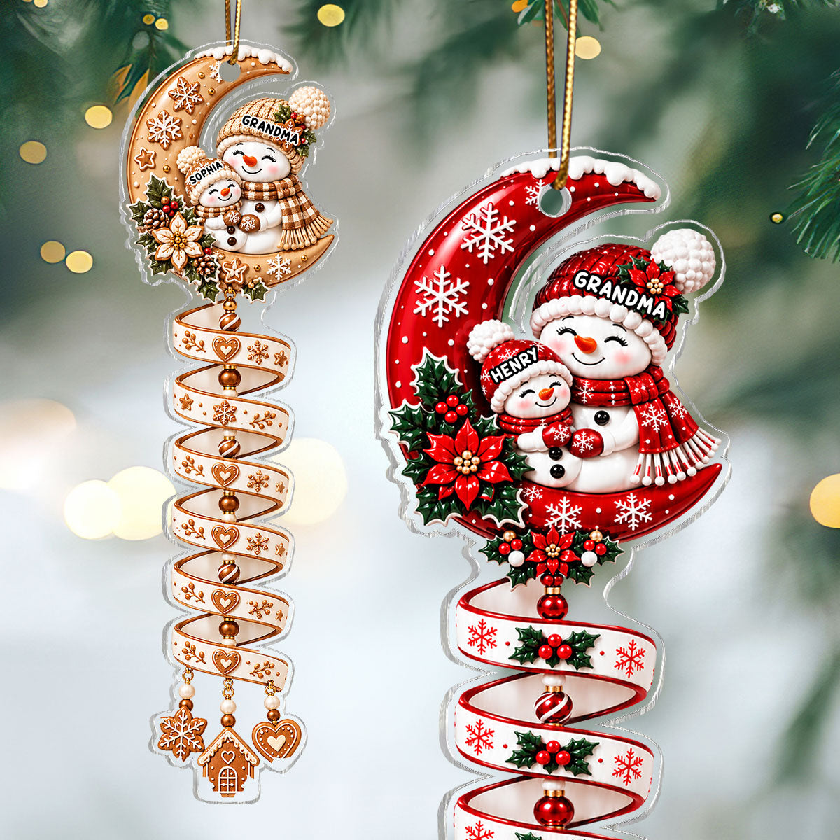 Christmas Snowman Grandma Grandkid Spiral Style - Personalized Acrylic Ornament - Christmas Gift For Kids, Grandkids, Grandson, Granddaughter