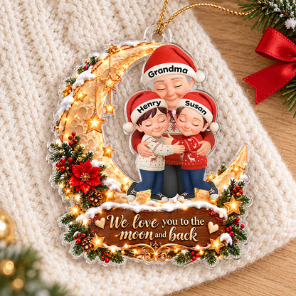 Grandma Grandkid Hugging on Moon - Personalized Acrylic Ornament - Christmas Gift for Grandma, Grandkids