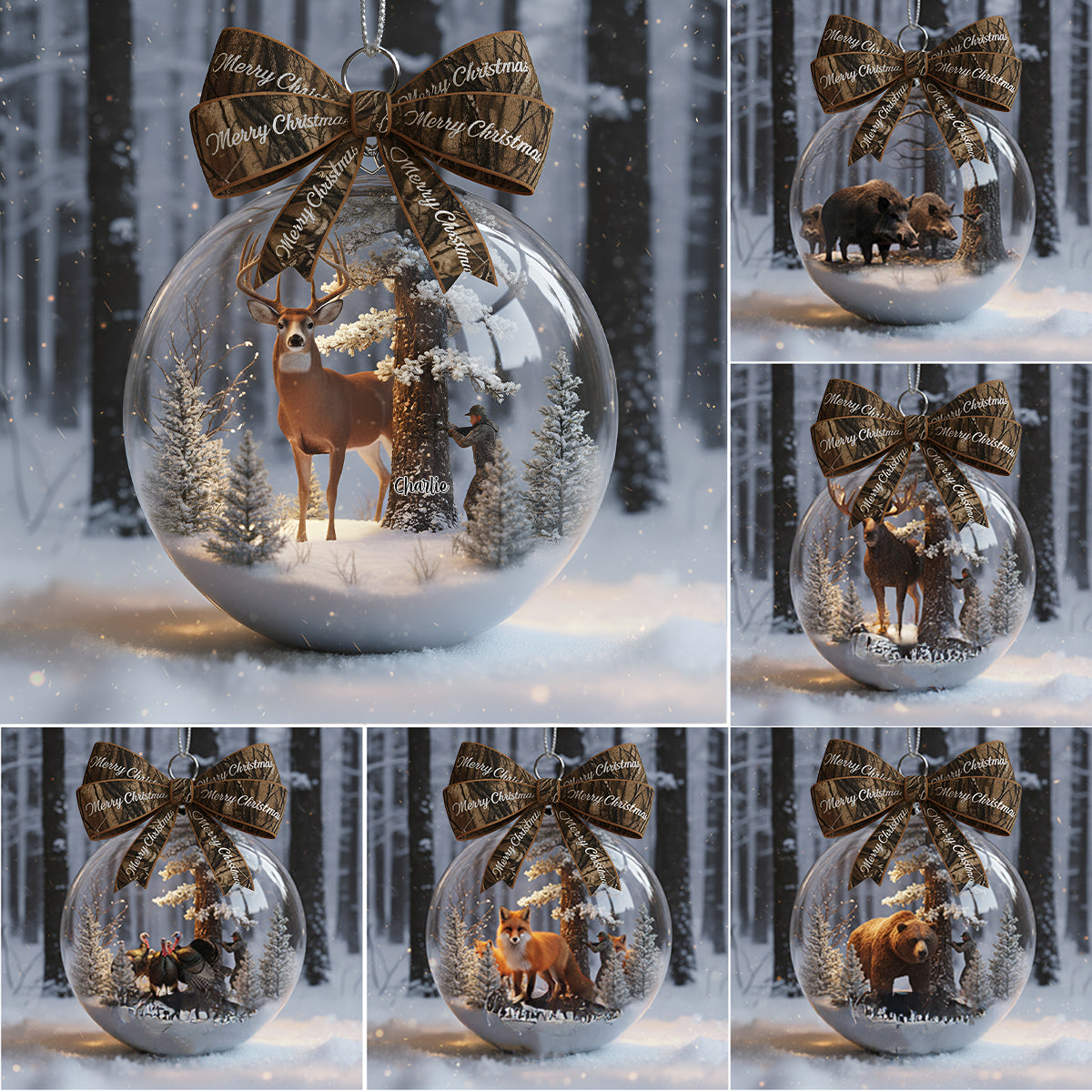 Christmas Gift For Hunters - Personalized Hunting Snow Globe Ornament With Bow