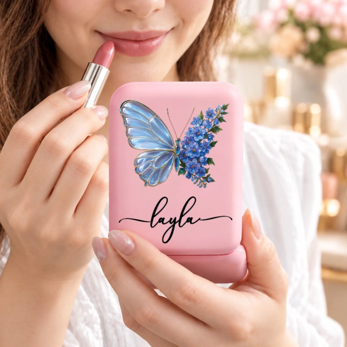 Custom Name Butterfly Floral Design - Personalized LED Compact Makeup Mirror