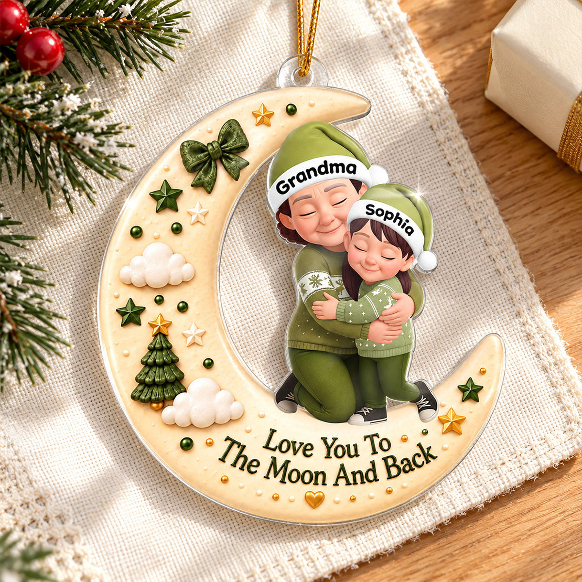Grandma Hugging Grandkid Love to the Moon and Back - Personalized Acrylic Ornament - Christmas Gift for Grandma, Grandkids
