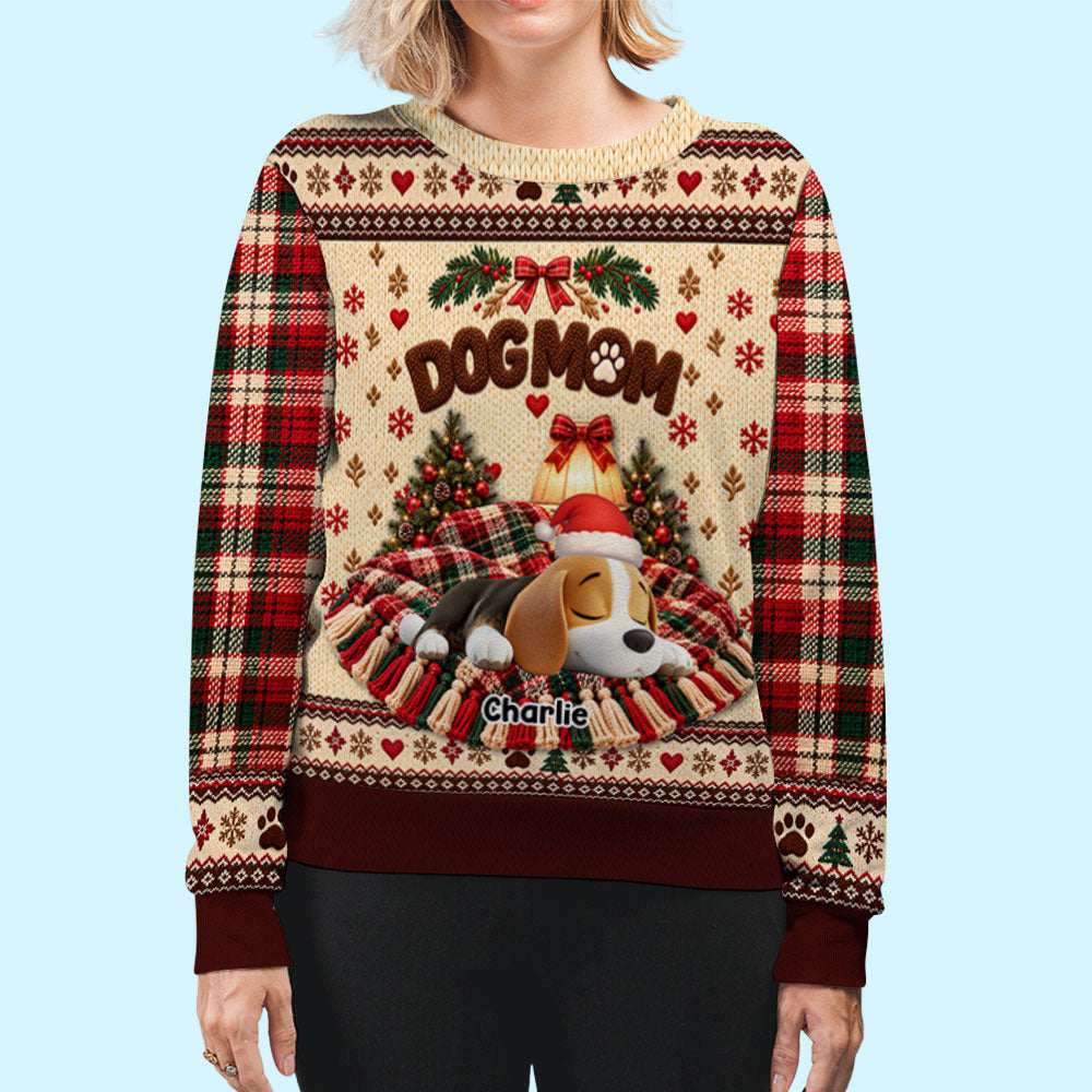 Custom Christmas Sweatshirt for Dog Mom, Dog Dad • Sleeping Dog - Personalized All-Over-Print Sweatshirt