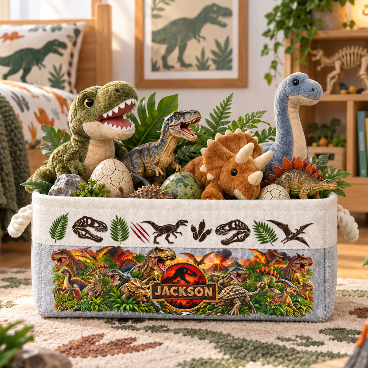 Custom Kid Name Dinosaur Jurassic T-Rex Boys Room Decor Toddler - Personalized Storage Basket