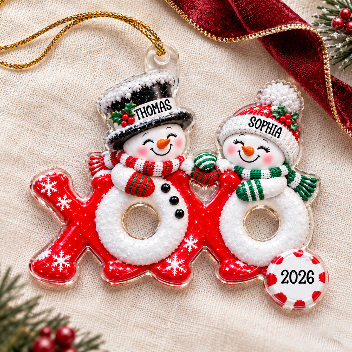 Hugs & Kisses XOXO Snowman Couple 2D Flat - Personalized Acrylic Ornament - Christmas Gift for Couple