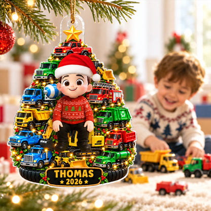 Little Kid With Trucks Christmas Tree - Personalized Acrylic Ornament - Christmas Gift For Kids, Grandkids, Grandson, Granddaughter, Son, Daughter