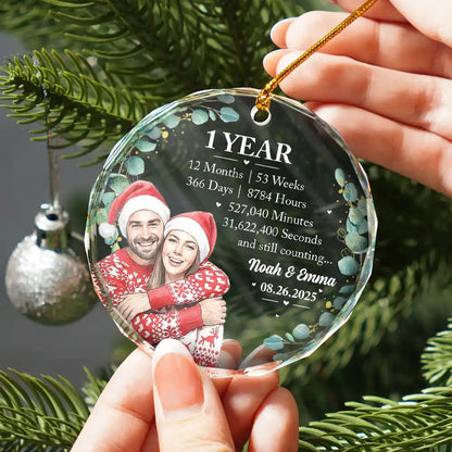 Anniversary Gift For Couples - Personalized Custom Photo Watercolor Names Year Counting Time Together Glass Ornament
