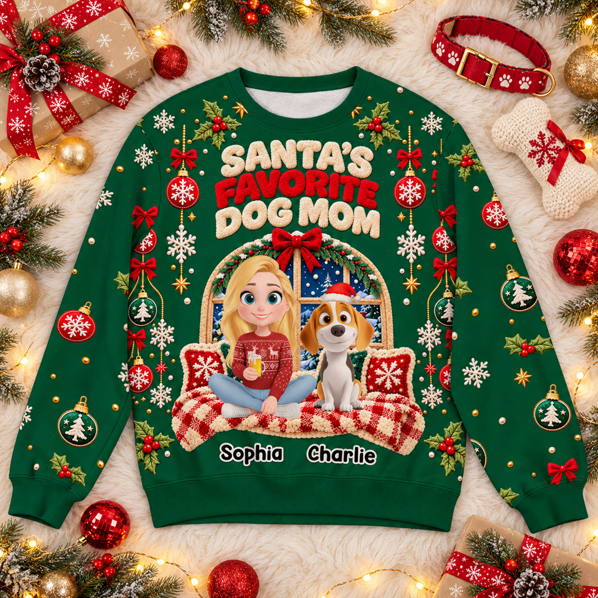 Custom Christmas Sweatshirt for Dog Mom, Dog Dad • Favorite Dog Mom - Personalized All-Over-Print Sweatshirt