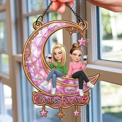 Best Friend Keepsake - Personalized Besties Forever Sitting On Moon Window Hanging Suncatcher Ornament