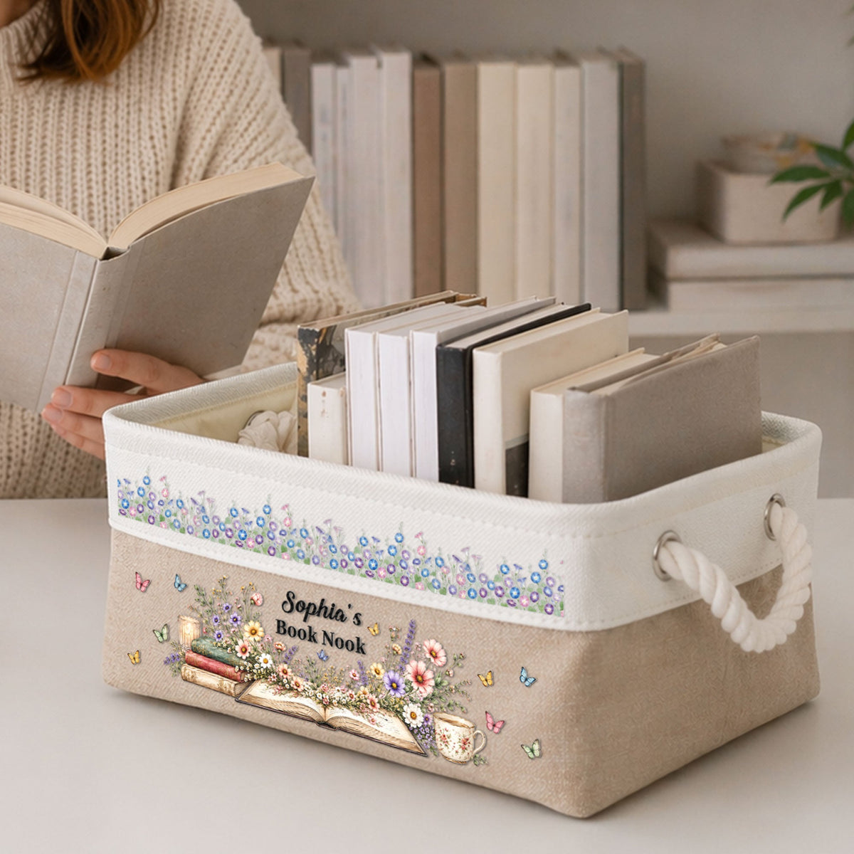 Custom Birth Flower For Reading Corner, Book Nook For Girls, Daughters - Personalized Storage Basket