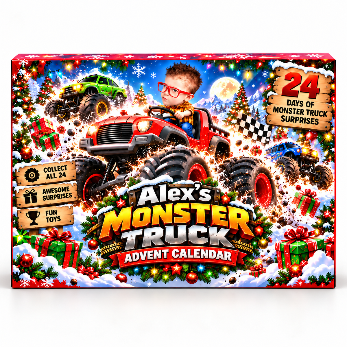 24 Days of Monster Trucks Custom Photo - Personalized Christmas Advent Calendar