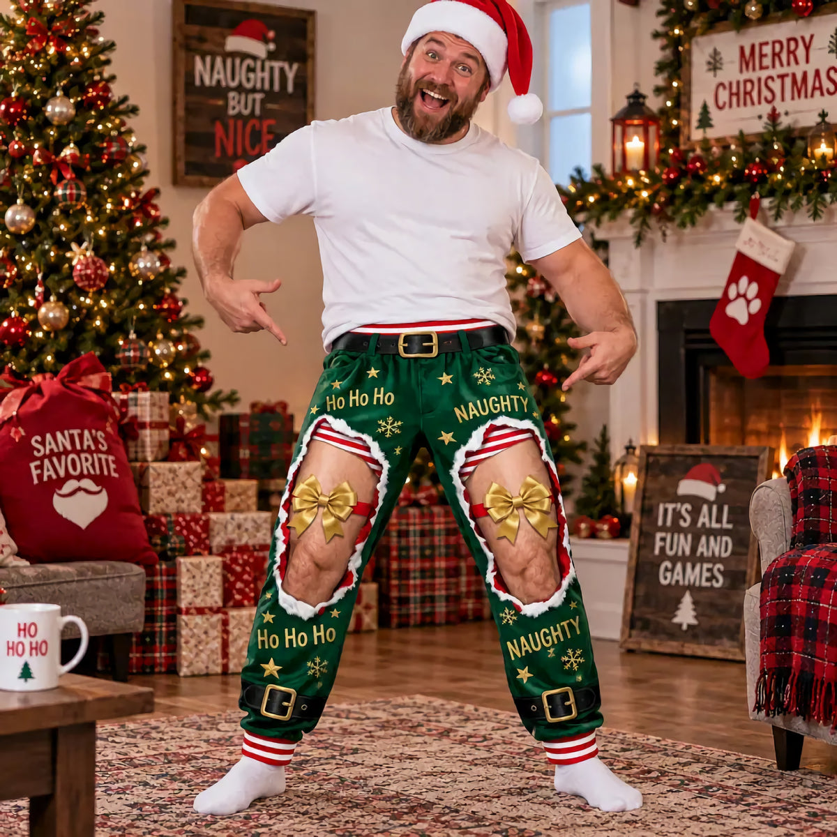 Funny Elf Ripped Illusion Christmas Pajama Pants – Naughty Holiday SweatPants