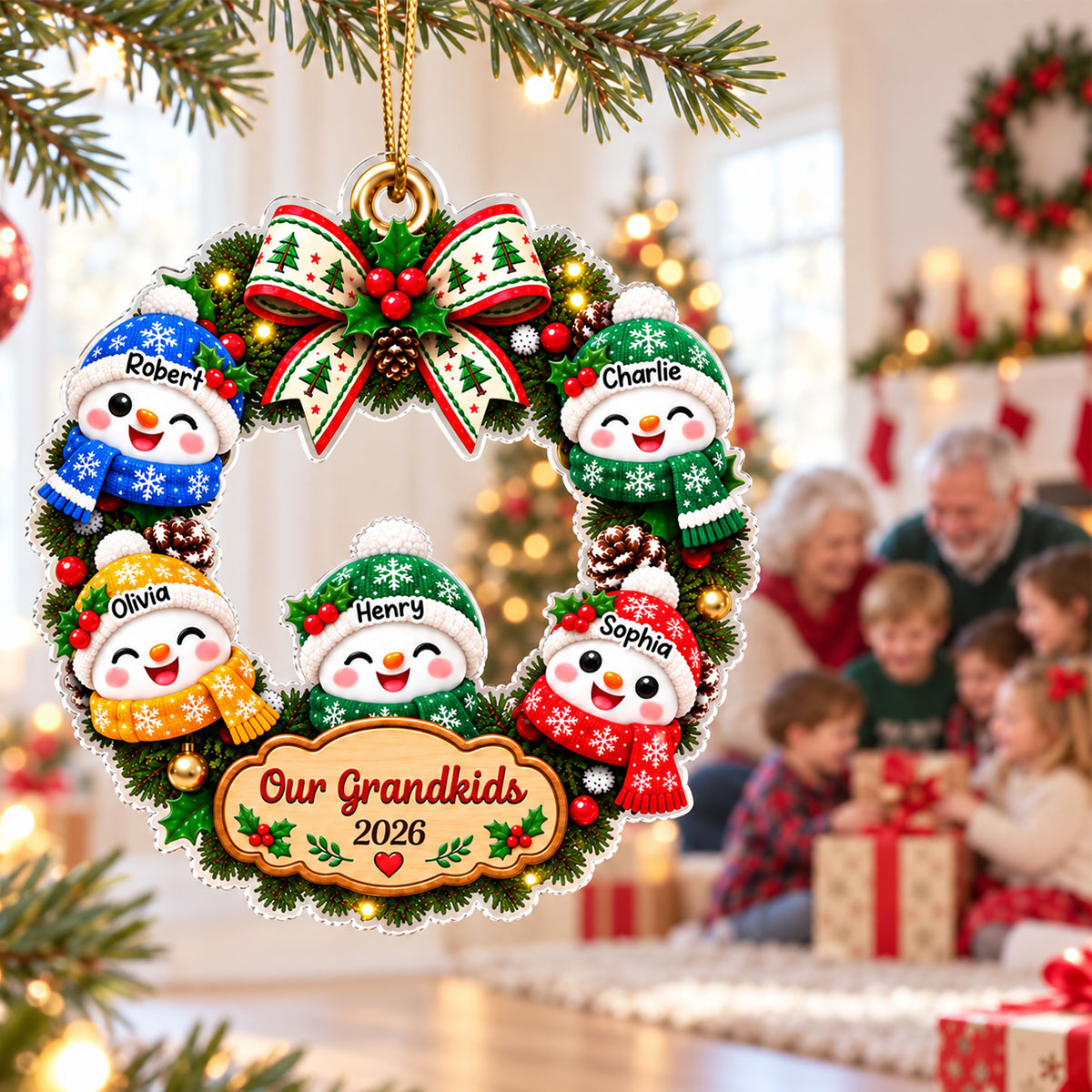Our Grandkids Snowman Christmas Wreath 2026 - Personalized Acrylic Ornament - Christmas Gift For Kids, Grandkids