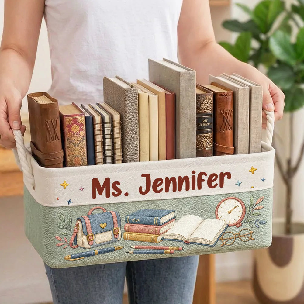 Personalized Rope Basket with Pink Book Art for Classroom or Home Office, Creative Gift for Teachers Who Love Reading