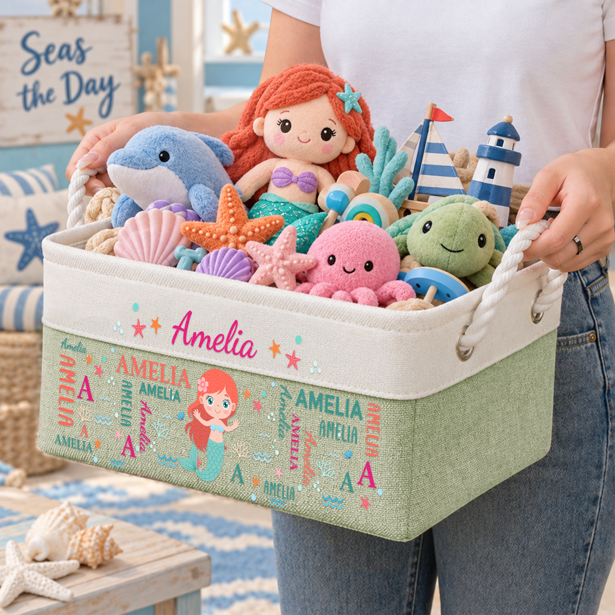Cute And Beachy Custom Name - Personalized Storage Basket