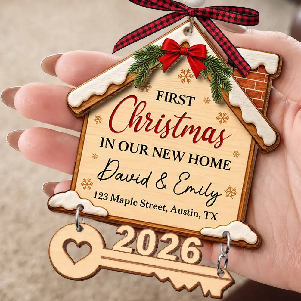 Housewarming Gift For Married Couples Friend Family - Personalized First Christmas In Our New Home Wooden Ornament With Tag