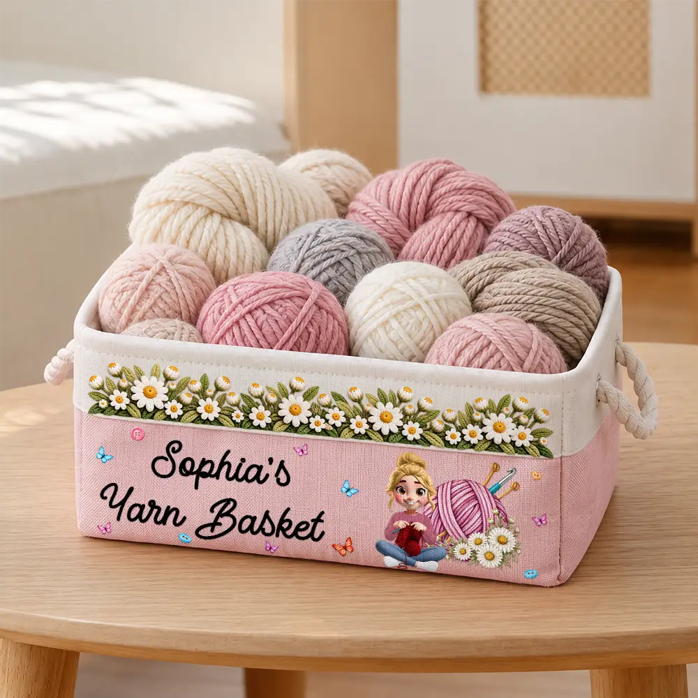 Gift For Knitter Crocheter Mom Grandma - Personalized Character & Name Yarn Ball With Birth Flower Storage Basket