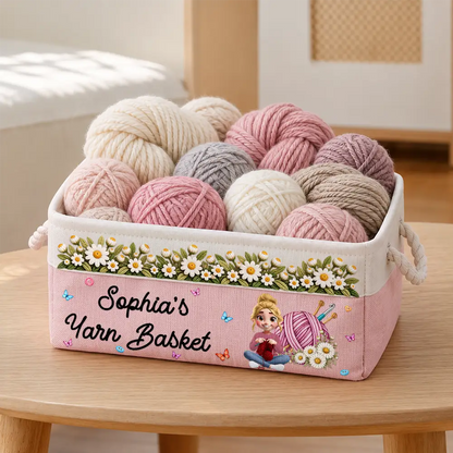 Gift For Knitter Crocheter Mom Grandma - Personalized Character & Name Yarn Ball With Birth Flower Storage Basket