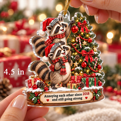 Raccoon Couple Annoying Each Other - Personalized Acrylic Ornament - Funny Christmas Gift for Him, for Her