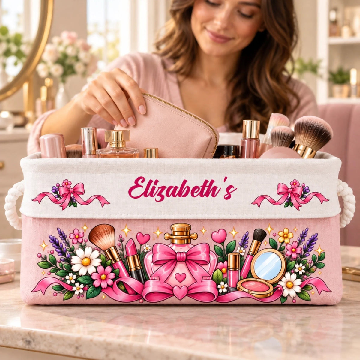 Custom Name Pink Bow Beauty Gifts for Women - Personalized Storage Basket