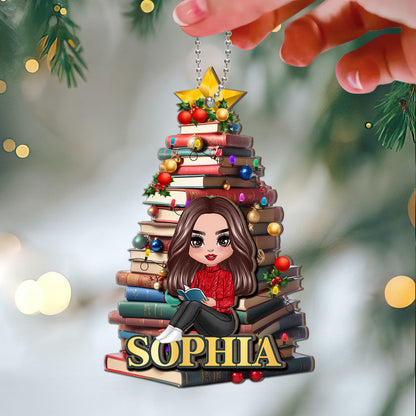 Christmas Book Tree Name Personalized 2-Layer Wooden Ornament, Book Lover Gift, Bookworm Gifts
