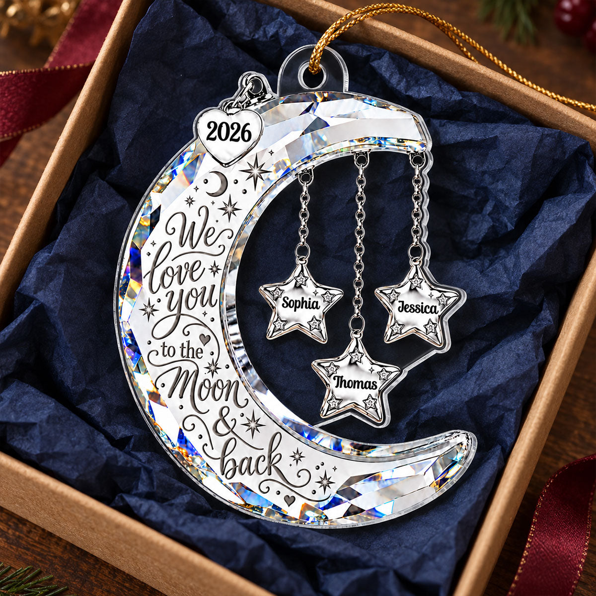 Moon & Stars Crystal Effect Grandkids Names 2D Flat - Personalized Acrylic Ornament - Christmas Gift For Grandma