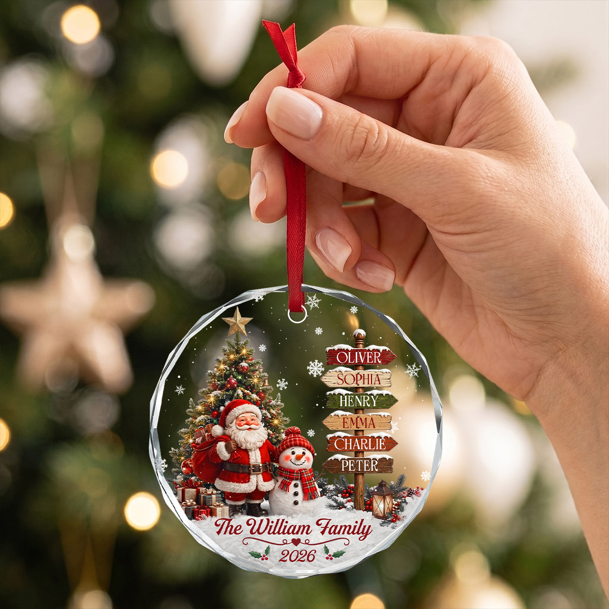 Family Christmas Santa Snowman - Personalized Round Shaped Glass Ornament