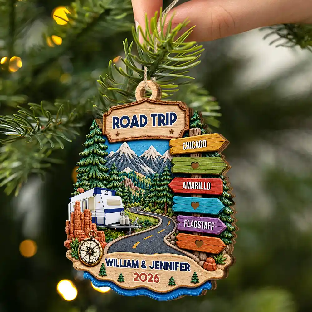 Road Trip Travel Gift For Couples, Family, Friends - Personalized Vacation Wooden Ornament