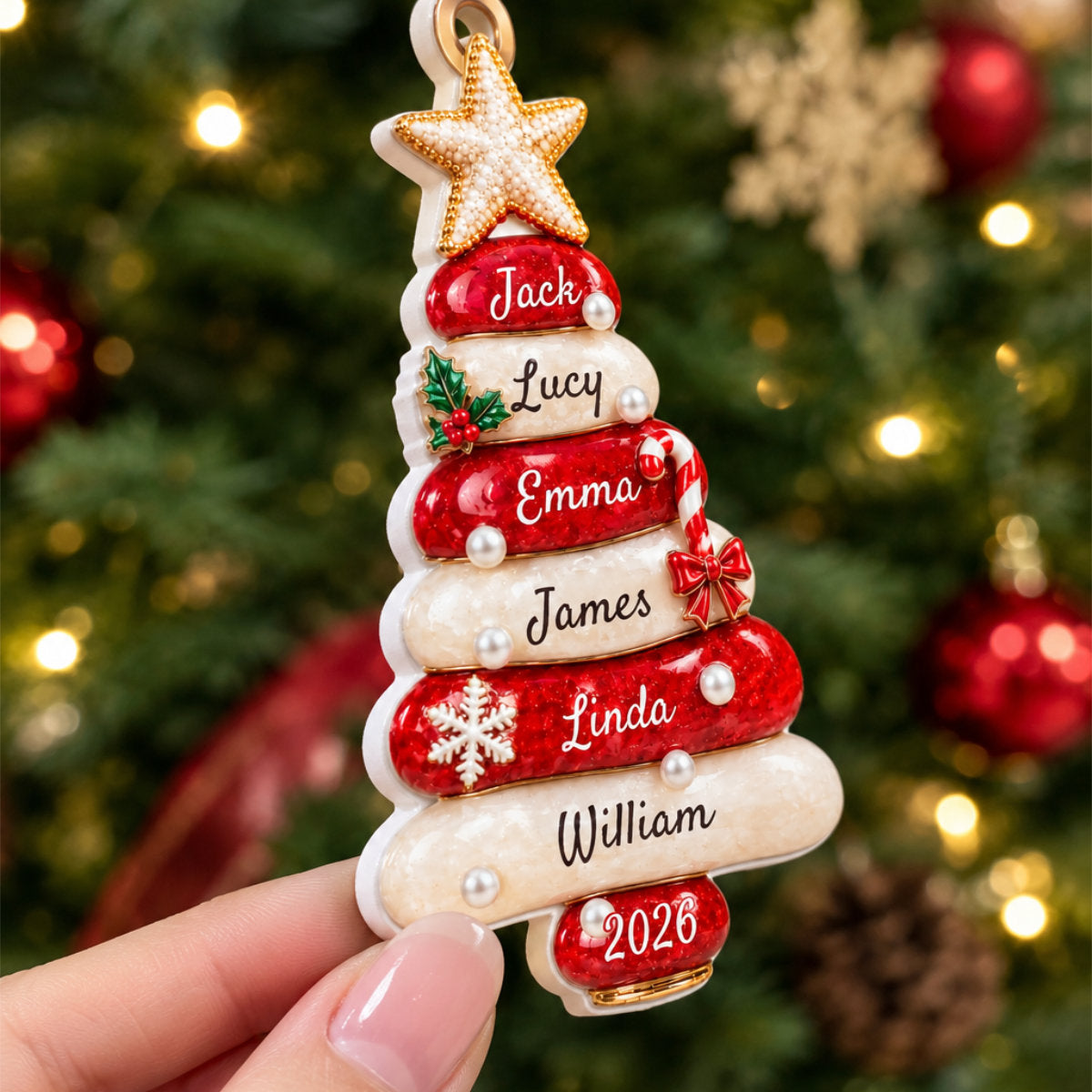 Red Sea Glass Family Tree Name - Personalized 3D Relief White Acrylic Ornament