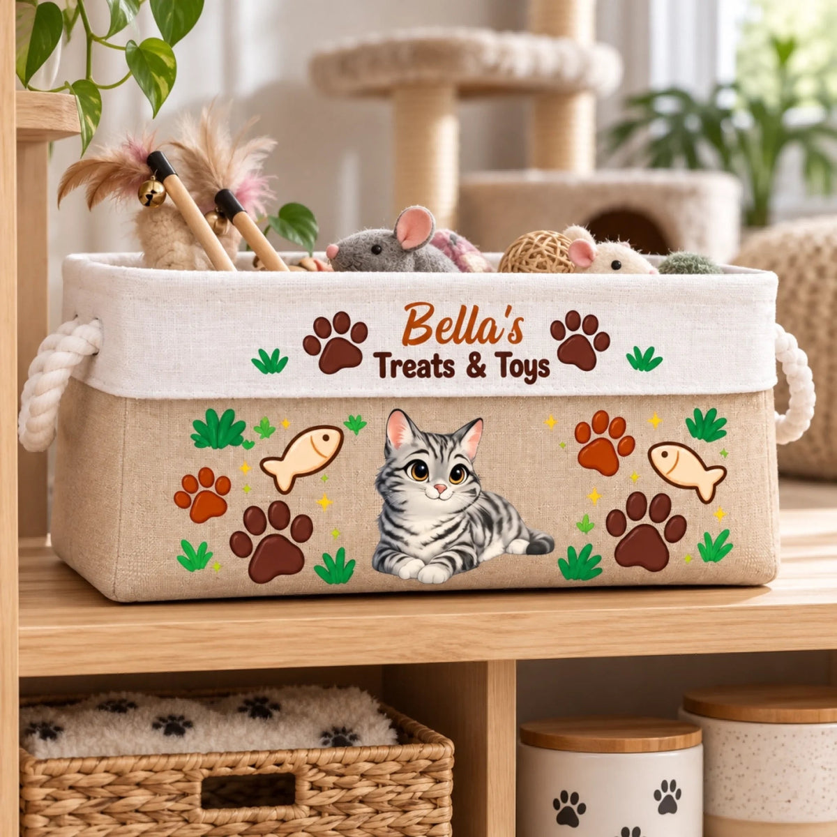 Custom Name Cat Treats and Toys Gifts for Cat Lovers - Personalized Storage Basket