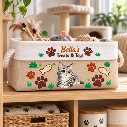 Custom Name Cat Treats and Toys Gifts for Cat Lovers - Personalized Storage Basket