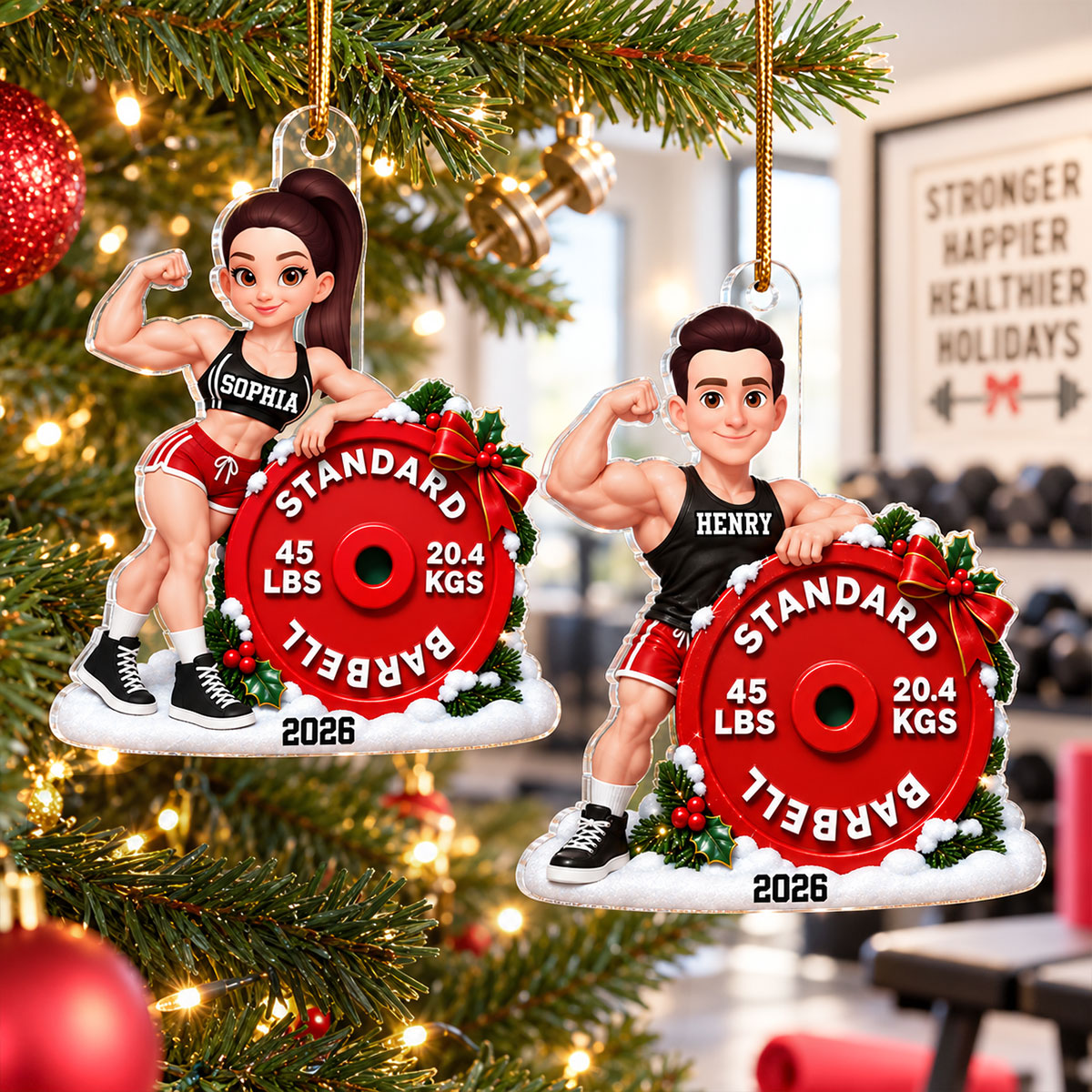 Gym Fitness Workout Weightlifting Body Building Man Woman Barbell - Personalized Acrylic Ornament - Christmas Gift For Him, For Her, For Gymers