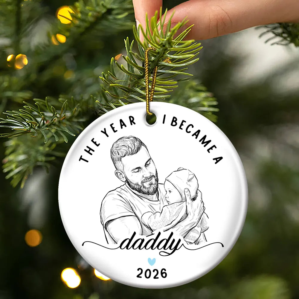 Christmas Gift For New Dad - Personalized Custom Photo Pencil Sketch The Year I Became A Daddy Circle Ceramic Ornament