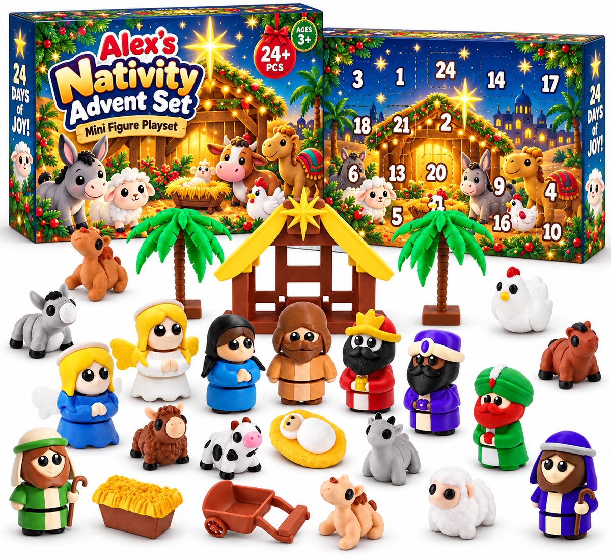 24-Day Christmas Countdown Nativity Playset with Name - Personalized Custom Advent Calendar
