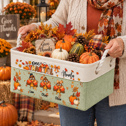One Thankful Grandma Custom Grandkids Turkey - Thanksgiving Fall Season Decorations - Personalized Storage Basket