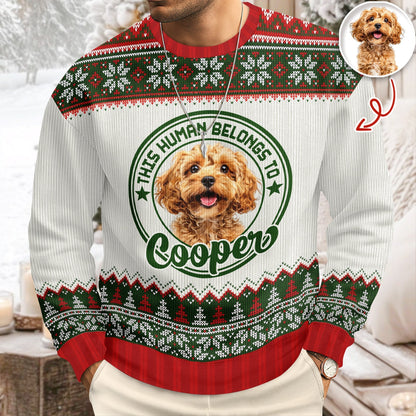 Custom Dog Cat Photo This Human Belongs To Christmas Ugly Sweater TH10 896049