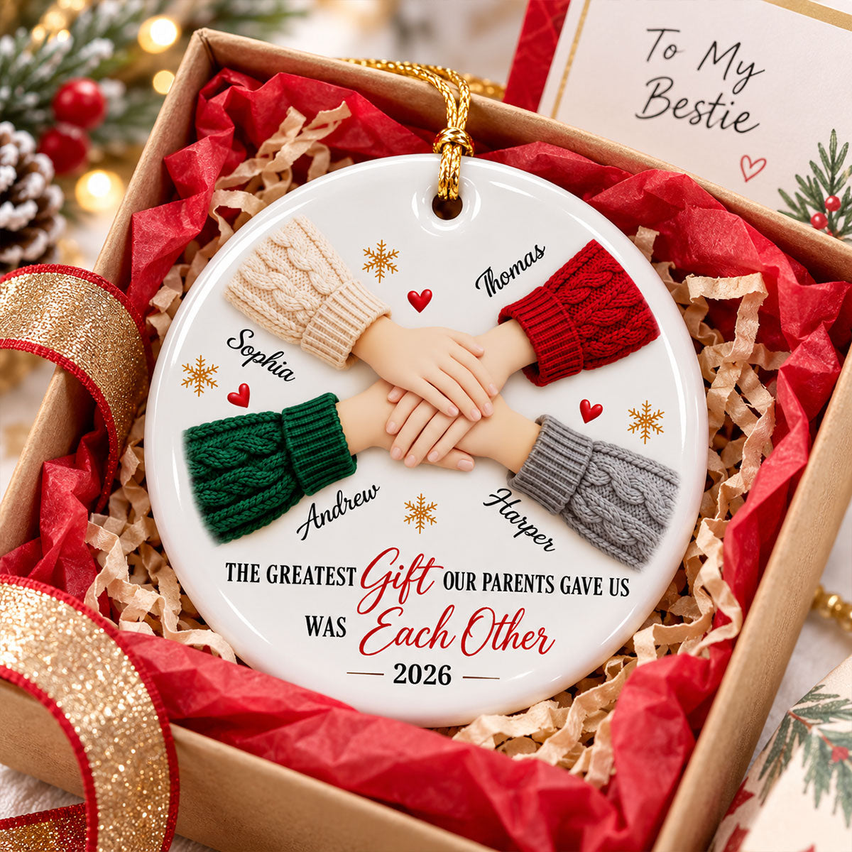 The Greatest Gift Siblings Hands - Personalized Ceramic Ornament - Christmas Gift for Brother Sister, Sibling Family Keepsake